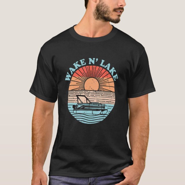 Sunset Pontoon Wake N' Lake Fishing Camping Outdoo T-Shirt (Front)