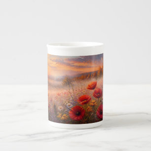 Sunset Poppy Field Impressionist Painting Bone China Mug