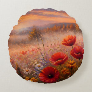 Sunset Poppy Field Impressionist Painting Round Cushion