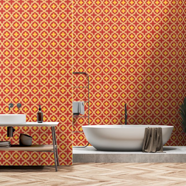 Sunset Quatrefoil - Moroccan Lattice Tile Pattern Wallpaper (Bathroom)