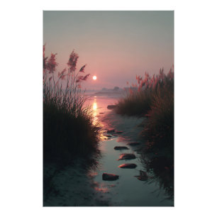 Sunset Reeds Stream Coastal Path Glow Photo Print