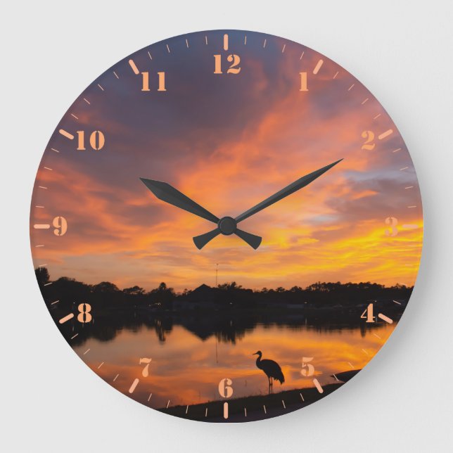 Sunset reflection and sandhill crane silhouette large clock (Front)