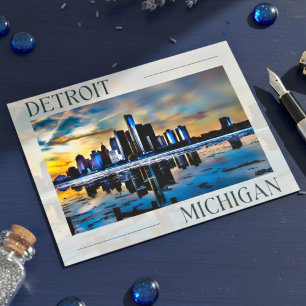 Sunset Reflections: Detroit Skyline Postcard