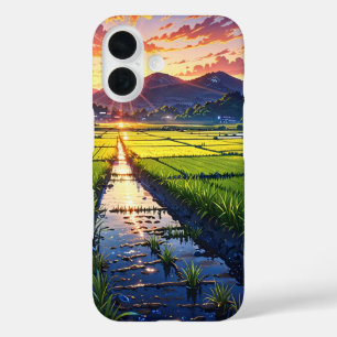 Sunset Reflections in Anime Rice Fields iPhone 16 Case