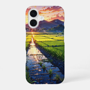 Sunset Reflections in Anime Rice Fields iPhone 16 Case