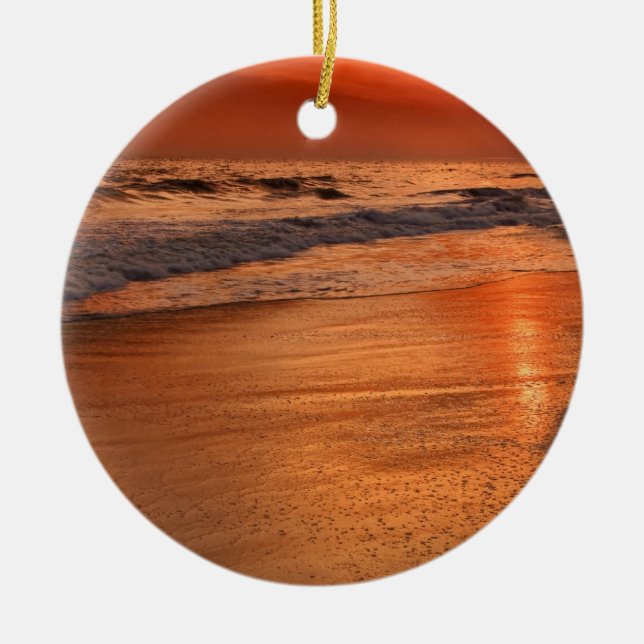 Sunset reflections off clouds and ocean shore ceramic tree decoration (Front)
