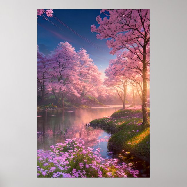 Sunset Reflections on a Cherry Blossom River Poster (Front)