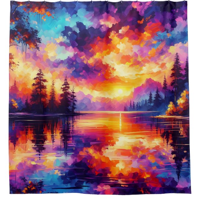 “Sunset Reflections: Serene Lake Landscape” Shower Curtain (Front)