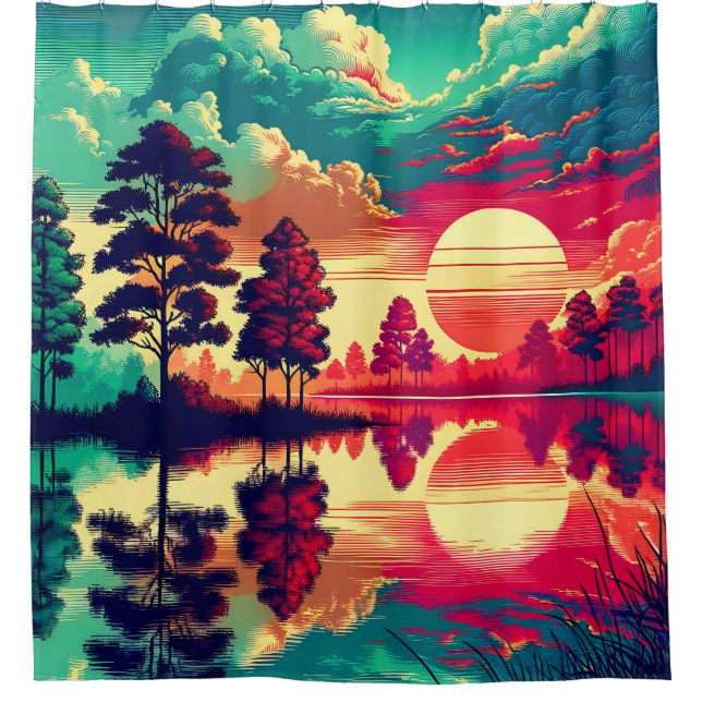 “Sunset Reflections - Vibrant Landscape Art” Shower Curtain (Front)