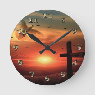 Sunset Resurrection Dove and Cross Round Clock