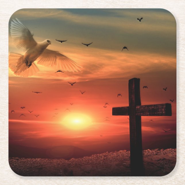 Sunset Resurrection Dove and Cross Square Paper Coaster (Front)