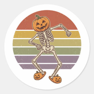 Sunset Retro Dancing Skeleton   Halloween Classic Round Sticker