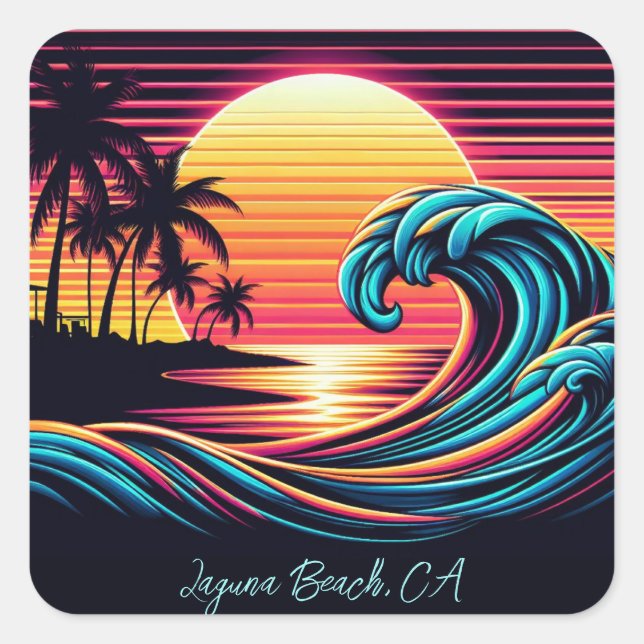 Sunset Retro Surf Wave Square Sticker (Front)