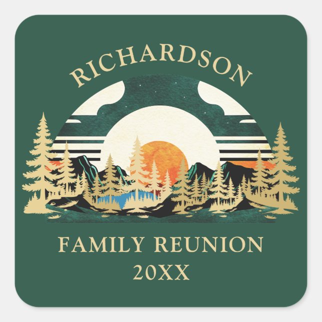 Sunset Road Trip Personalised Green Family Reunion Square Sticker (Front)
