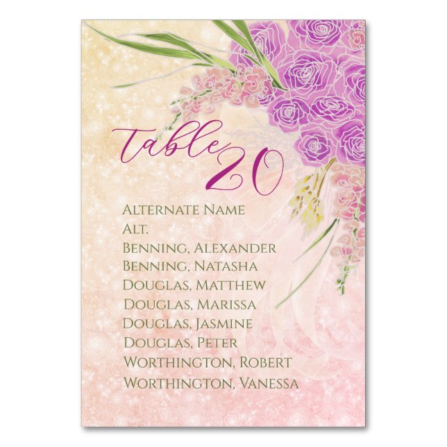 Sunset Rose Blush Sheer bow and Bouquet  Table Number (Front)