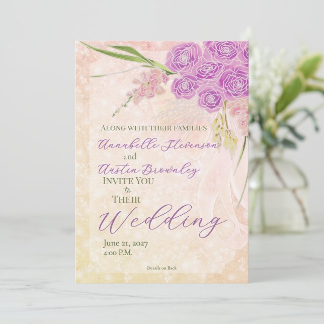 Sunset Rose blush Sheer bow Bouquet Wedding  Invitation (Standing Front)