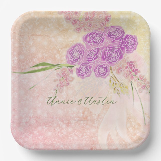 Sunset Rose Coquette Blush bow Bouquet SQ. Paper Plate (Front)