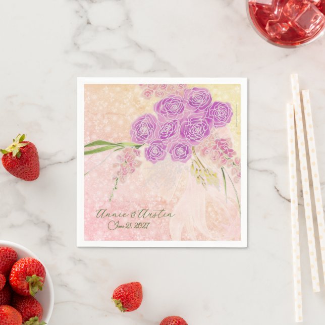Sunset rose hand paint Coquette Blush bow Bouquet  Napkin (Insitu)