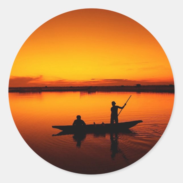 Sunset, Rowing Boat Silhouette-16497 Classic Round Sticker (Front)