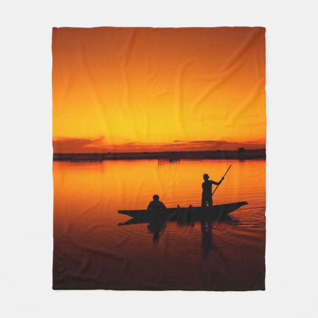 Sunset, Rowing Boat Silhouette-16497 Fleece Blanket (Front)