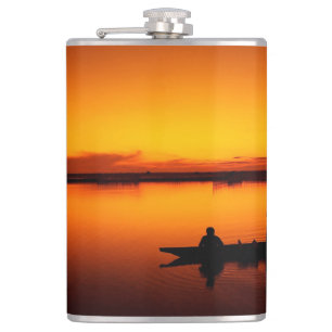Sunset, Rowing Boat Silhouette-16497 Hip Flask