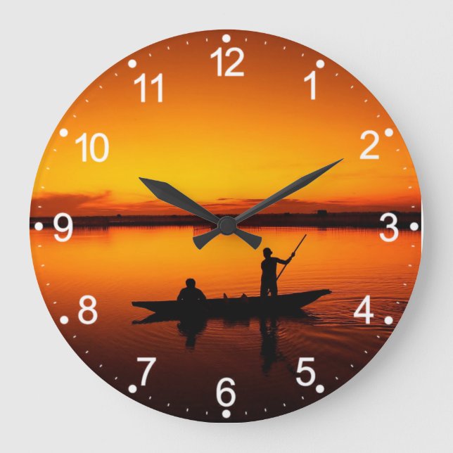 Sunset, Rowing Boat Silhouette-16497 Large Clock (Front)
