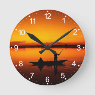 Sunset, Rowing Boat Silhouette-16497 Round Clock