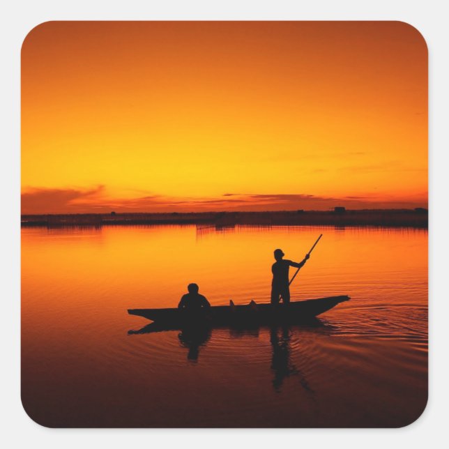 Sunset, Rowing Boat Silhouette-16497 Square Sticker (Front)