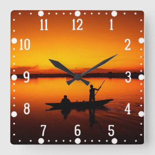 Sunset, Rowing Boat Silhouette-16497 Square Wall Clock