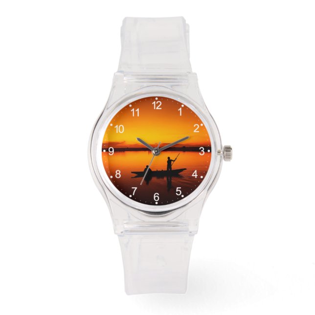 Sunset, Rowing Boat Silhouette-16497 Watch (Front)