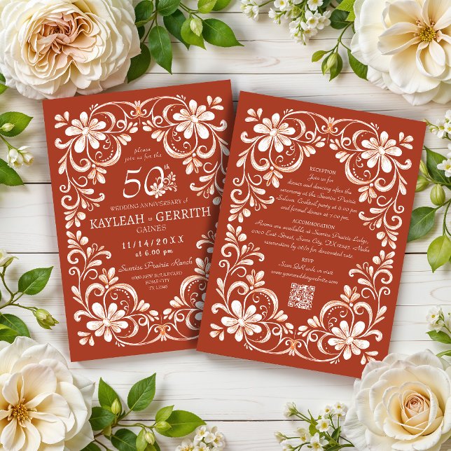 Sunset Rust Shabby Chic QR Anniversary Invitation (Creator Uploaded)