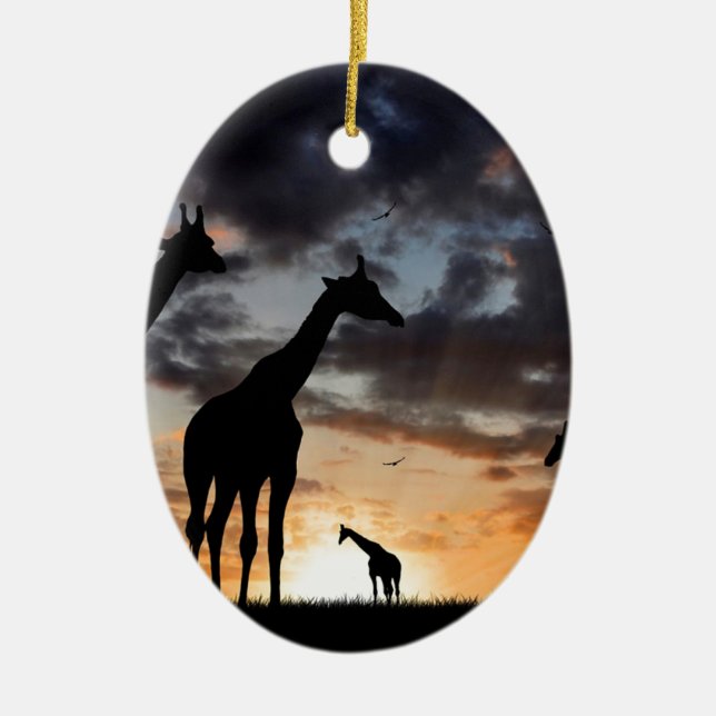 sunset safari wild animal giraffe silhouette ceramic ornament (Front)