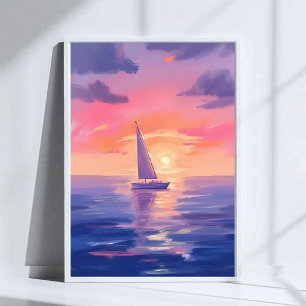 Sunset Sail Watercolor Pastel Purple Painting Poster