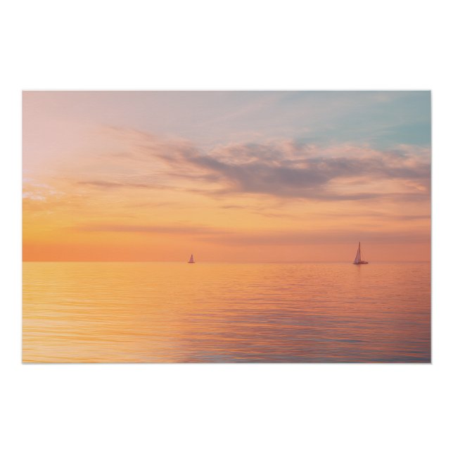 Sunset Sailboats Calm Ocean Horizon Glow Poster (Front)