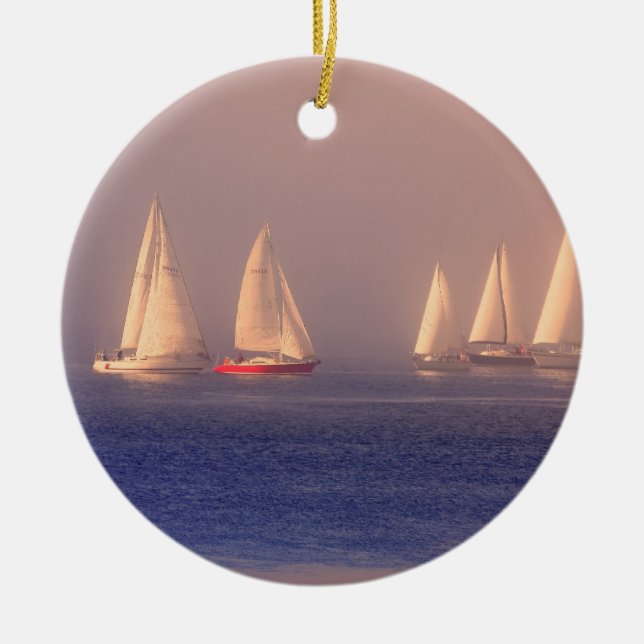 Sunset Sailboats Photo Ceramic Tree Decoration (Front)