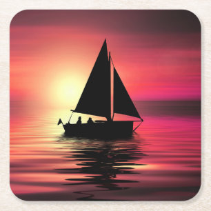 Sunset, Sailing Boat in The Sea-39186 Square Paper Coaster