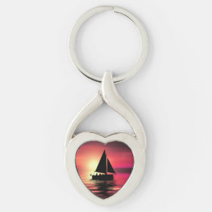 Sunset Sailing Boat On The Sea Art Design Key Ring