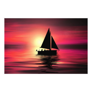 Sunset Sailing Boat On The Sea Art Design Photo Print