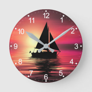 Sunset Sailing Boat On The Sea Art Design Round Clock