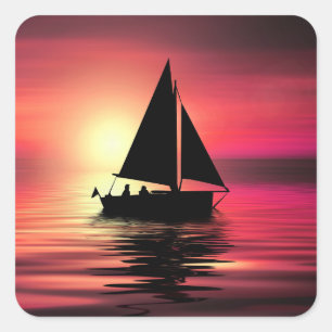 Sunset Sailing Boat On The Sea Art Design Square Sticker