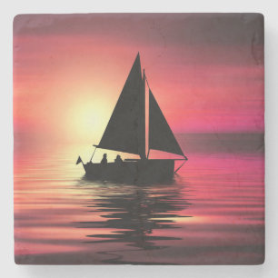 Sunset Sailing Boat On The Sea Art Design Stone Coaster