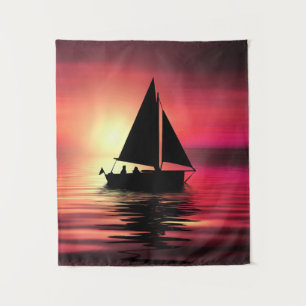 Sunset Sailing Boat On The Sea Art Design Tapestry