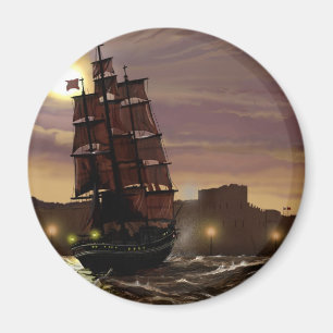 Sunset sailing boat viewed through spyglass. magnet