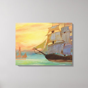 Sunset Sailing Ships Handpainted Nautical Art Canvas Print