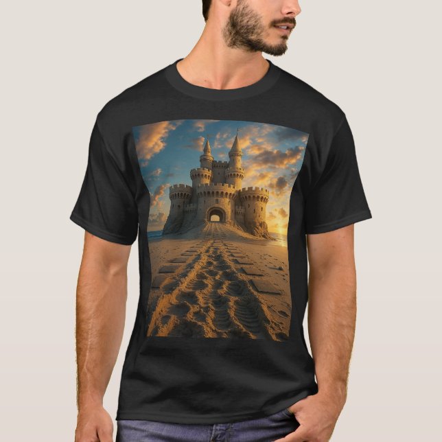 Sunset Sand Castle – Fantasy Beach Fortress T-Shirt (Front)
