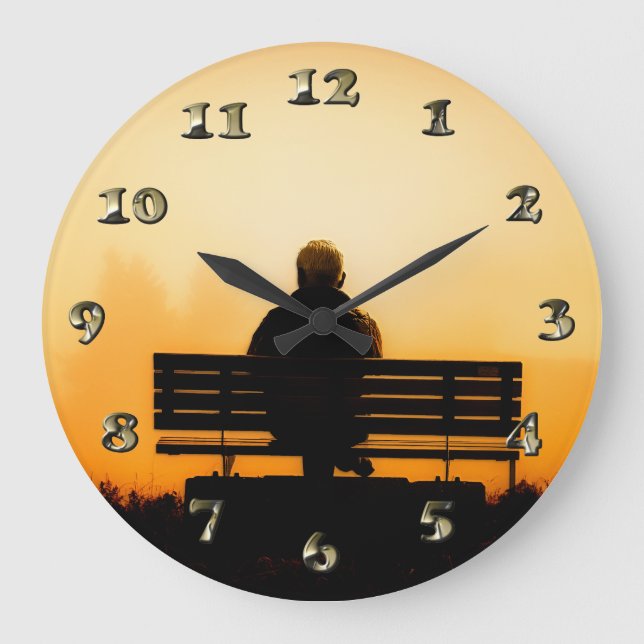 Sunset Scene with Man on Bench Large Clock (Front)