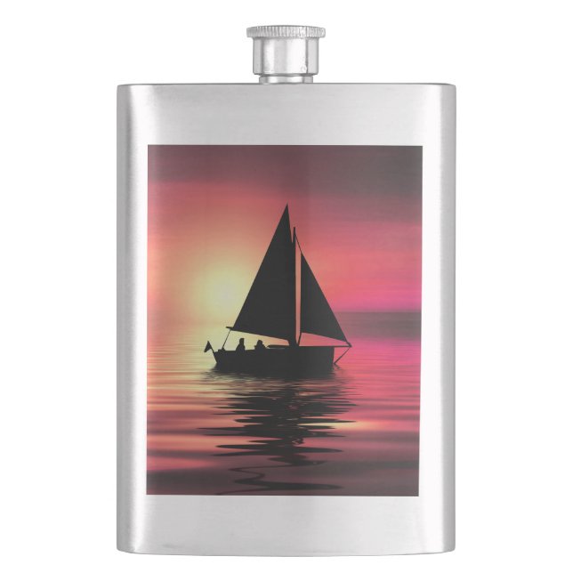 Sunset, Sea, Sailing Boat Hip Flask (Front)