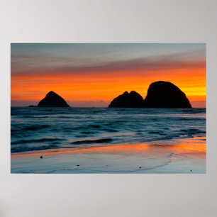 Sunset, Sea Stacks, Oceanside, Oregon, USA Poster
