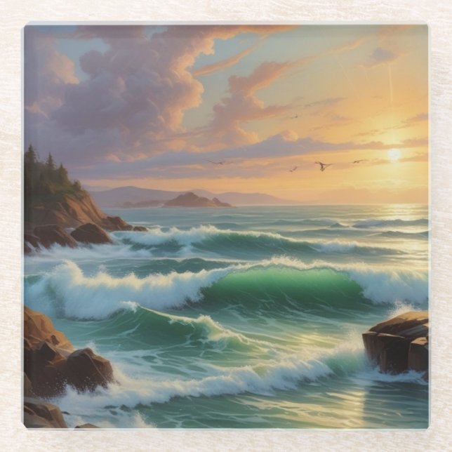 Sunset Seascape Painting Artwork Glass Coaster (Front)