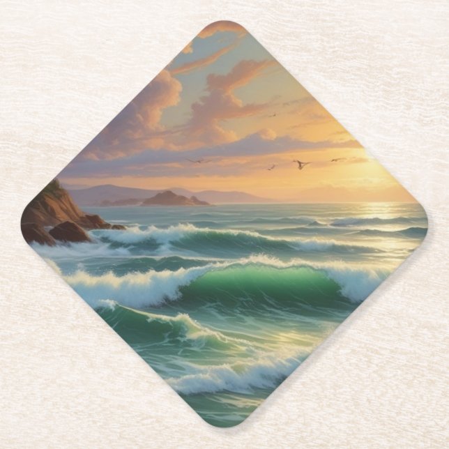 Sunset Seascape Painting Artwork Paper Coaster (Front)